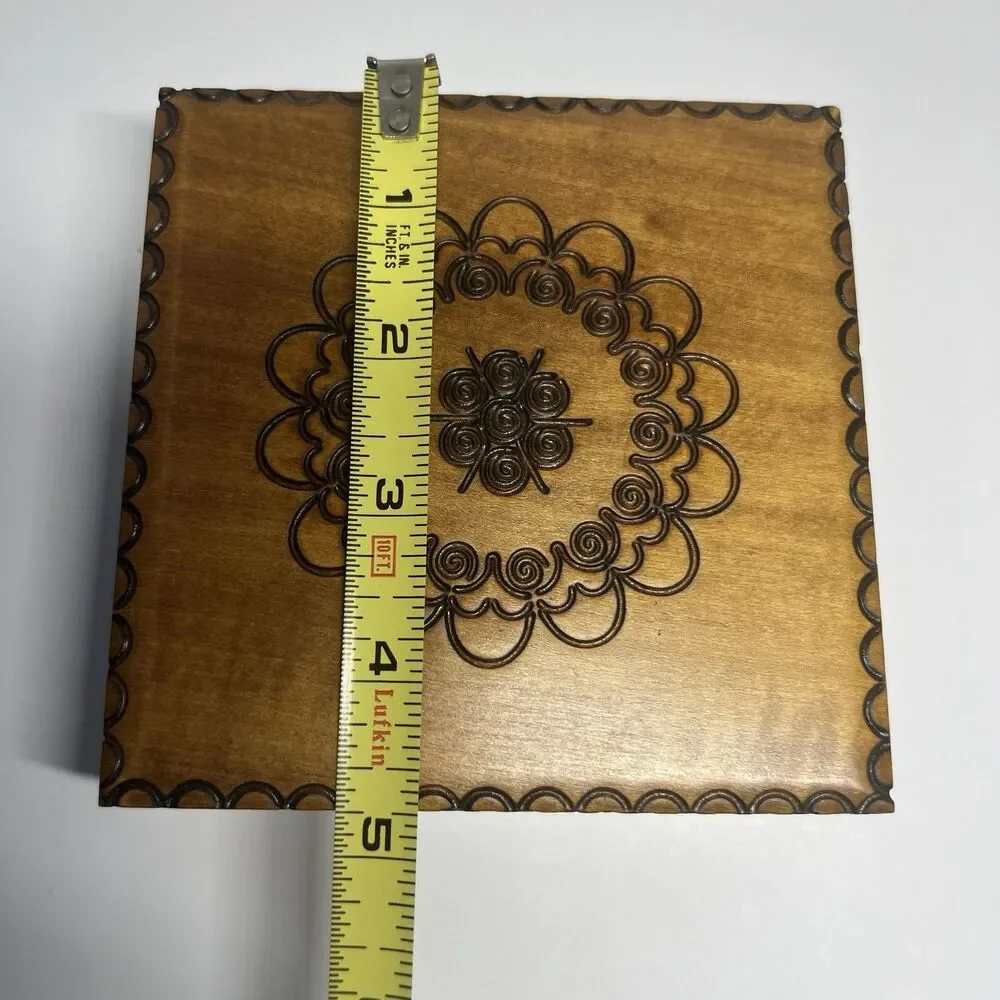 Vintage Polish Hand Carved Hot Stamped Wood Jewelry Box 4.5